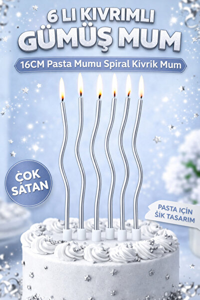 KAR TANESİ 6’lı Gümüş Kıvrımlı Pasta Mumu 16 cm Doğum Günü Mum Seti