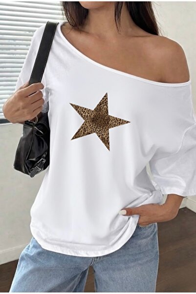 FUFLUNS Leopard Printed Star Printed Oversized Women's Boat Neck T-Shirt