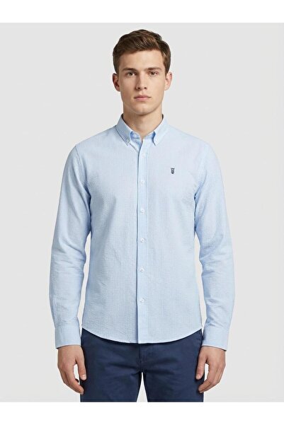 FUSARO Mavi Slim Fit Düğmeli Yaka Erkek Gömlek