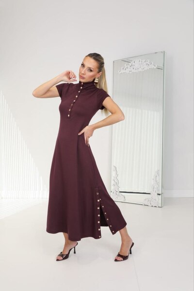 LOKADI Side Button Detailed Polo Collar Ribbed Midi Dress