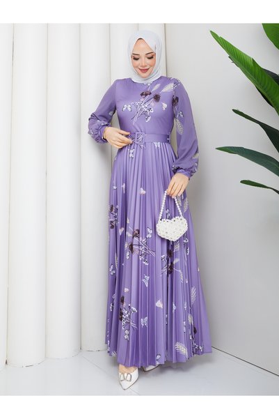 nisanurfashion Digital Printed Wheat Patterned Lilac Pleated Dress