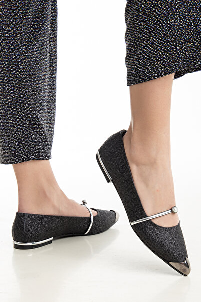 Wedo Shoes Kadın Siyah Simli Metal Burunlu İnci Detaylı Bantlı Hakiki Deri İç...