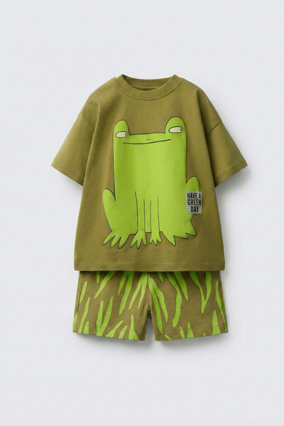 Magu Unisex Kids Cotton Khaki Frog Printed T-Shirt Shorts Set