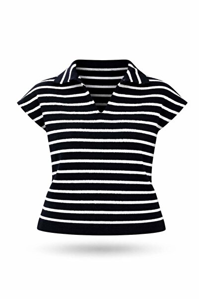 5in1Canpolat Navy Blue Polo Collar Striped Knitwear 5224