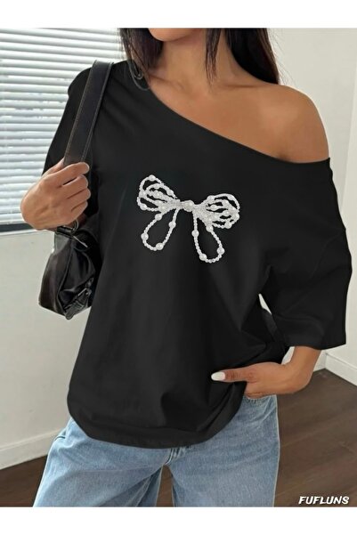 FUFLUNS ΓΥΝΑΙΚΕΙΟ T-SHIRT ΥΠΕΡΜΕΓΕΘΕΣ ΜΕ ΣΧΕΔΙΟ ΜΕ ΠΕΡΛΕΣ ΚΑΙ ΤΥΠΩΜΕΝΗ ΚΟΡΔΕΛ...