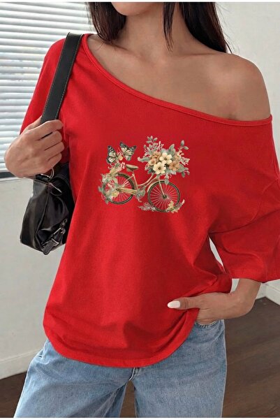 FUFLUNS Oversize Women's Boat Neck T-Shirt with Flower and Bicycle Print