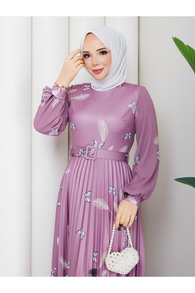 nisanurfashion Digital Printed Wheat Patterned Dusty Rose Pleated Dress