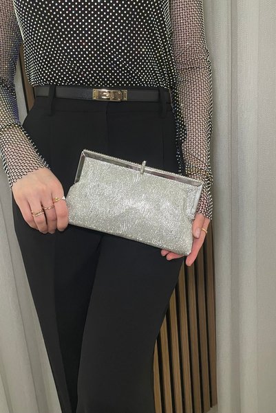 Fibag Women's Silver Sparkling Stone Evening Bag - Stylish Metal Detailed Chain Strap Evening Clutch Bag