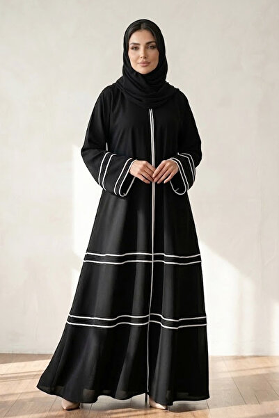 Muchmy عباية نسائية فاخرة من قماش النيدا باللون الأسود مع خطوط بيضاء متباينة،...