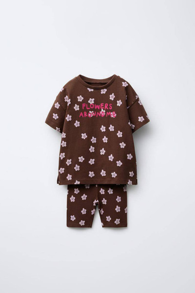 Magu Girl's Cotton Brown Floral Patterned T-Shirt Leggings Set