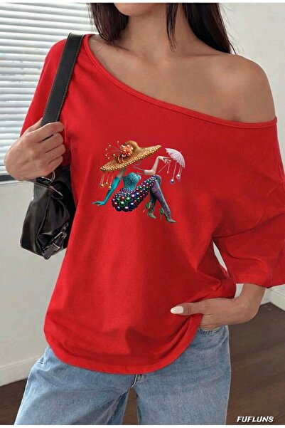 FUFLUNS Pearl Patterned Women's Printed Oversized Women's Boat Neck T-Shirt