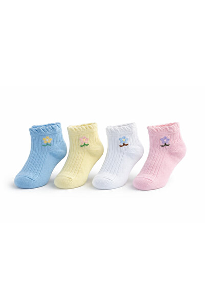 moukou Cotton Baby Girl Socks Set of 4 Flower Embroidered Soft Socks 6-24 Months