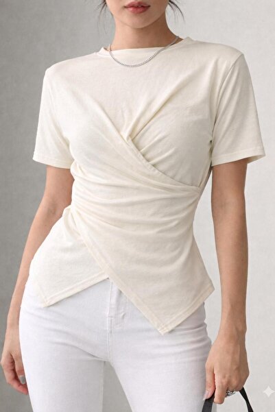 peri tower Women's Double-Breasted Detailed Draped Short Sleeve Blouse 0083