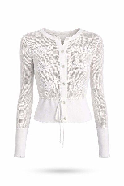 5in1Canpolat White Waist-Tied Openwork Cardigan 261020