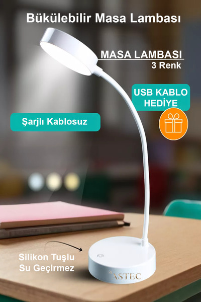 ASTEC Beyaz Bükülebilir 3 Renk Led Masa Çalışma Lambası Dimli Dayanıklı Silik...