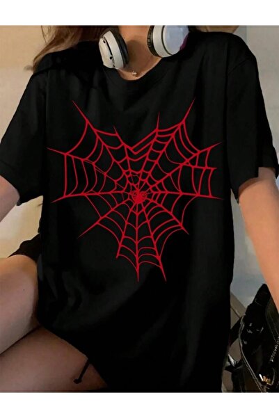 Oceanwear Hearted Spider Web Printed Short Sleeve Black Tshirt