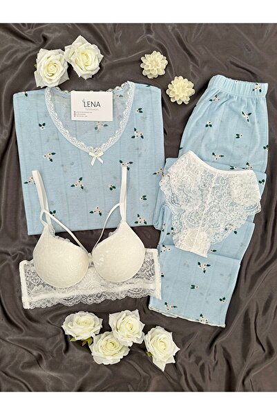 Lena Homewears Women's Blue Daisy Short Sleeve Pajama Set with Underwear