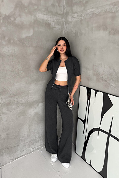 MİROR Women's Anti-Racism Knitwear Set Zippered Top High Waist Wide Leg Pants...