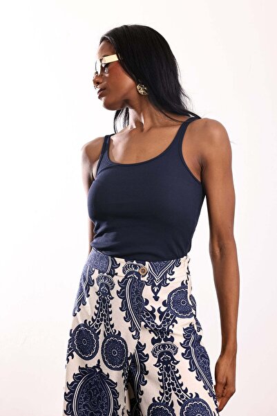 5in1Canpolat Navy Blue U-Neck Ribbed Basic Undershirt