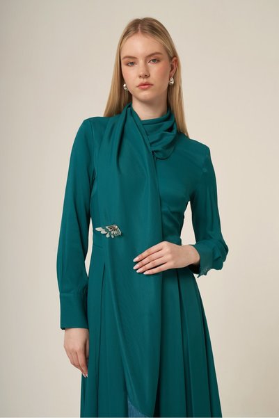 FTZ WOMEN Women's Brooch Detailed Shawl Collar Dress Petrol 31337