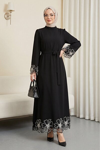 Modamorfo Lace-Up Crepe Dress with Floral Sleeves and Skirt - Black