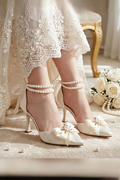 Modavien Women's 7 cm Ecru Pearl Bridal Shoes