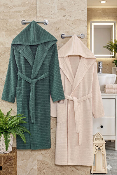 BEYAZLALE Double Bathrobe Green - Beige Hooded Oversize Bathrobe Set / Unisex