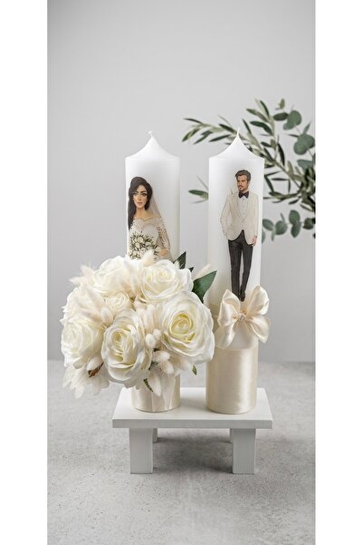 MASSIBEBE Εξατομικευμένο Σετ Κεριών Γάμου με Εικονογραφήσεις Νύφης και Γαμπρο...