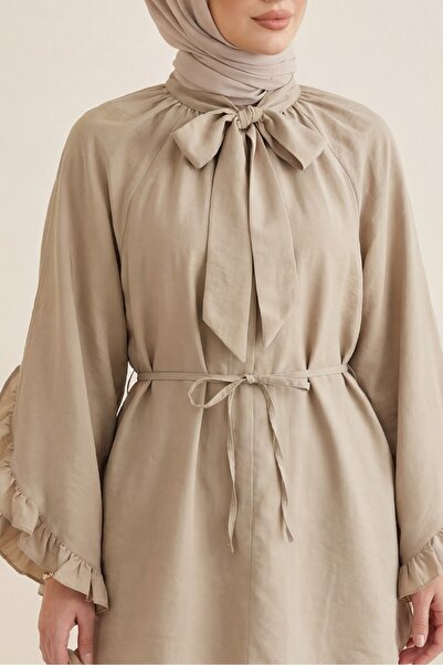 Modamorfo Modal Tunic with Lace-Up Collar, Zipper, Ruffled Sleeves and Belt -...