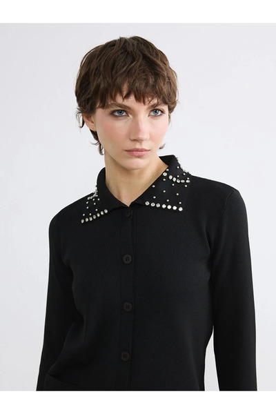 LC Waikiki Soulife Black Polo Collar Stoned Women's Knitwear Cardigan
