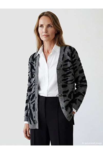 LC Waikiki Lcw Grace Black V-Neck Patterned Women's Knitwear Cardigan