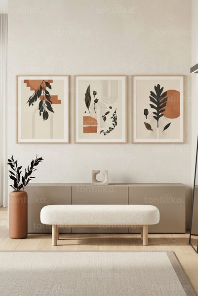 Tontilika Modern Botanik ve Geometrik Desenler 3’lü Ahşap Çerçeveli Tablo Seti