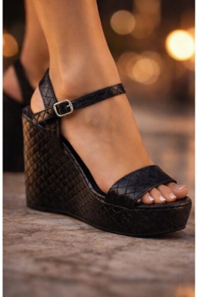 POLENS Black Wedge Heeled Platform Sandals Shoes