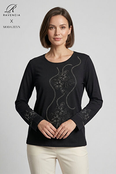 Ravencia Women's Spiral Leaf Patterned Collar and Skirt Stoned Embroidered Sl...