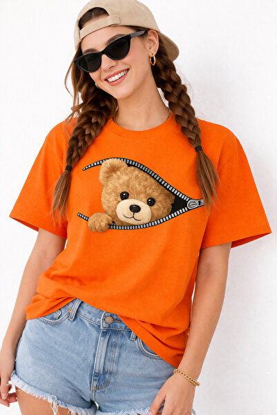 ArtYus Zippered Teddy Bear Printed Unisex Oversize T-Shirt – Cotton Crew Neck...