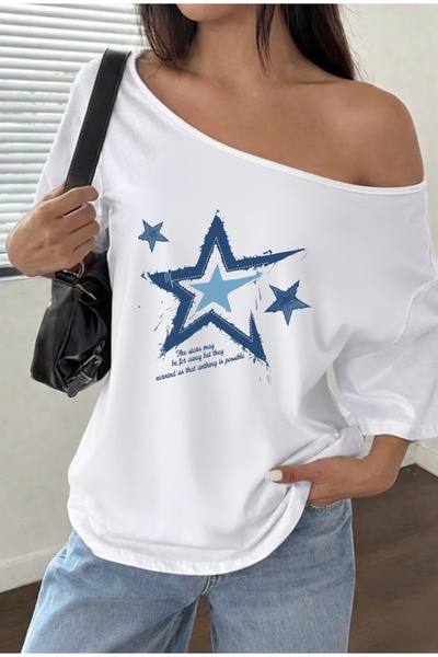 FUFLUNS Stars Printed Oversized Women's Boat Neck T-Shirt