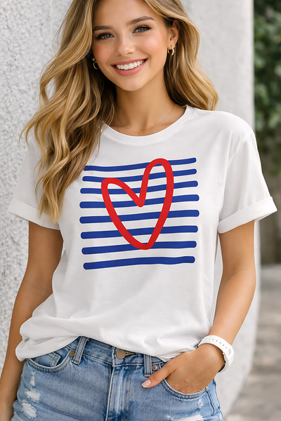 ArtYus Μπλουζάκι Unisex Oversize με ριγέ στάμπα καρδιάς – Βαμβακερό T-Shirt μ...