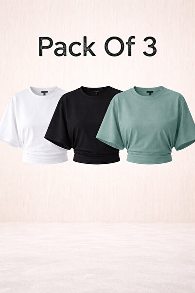 COMBİNE MİCHAİL Women's Bat Sleeve Summer 3-Piece Crop Blouse