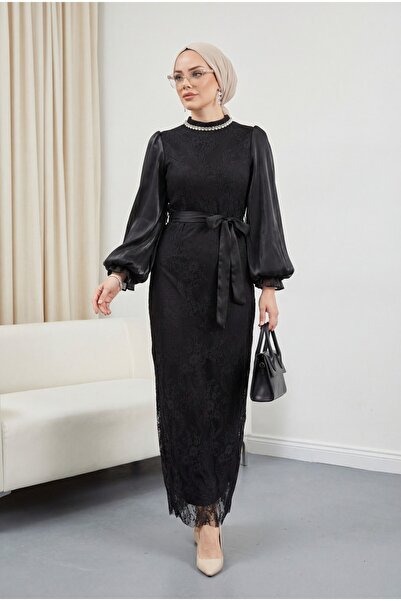 Modamorfo Φόρεμα με ψηλό γιακά και μανίκια από σιφόν Janjan με δαντέλα και ζώ...