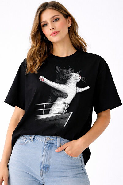 ArtYus Cat Couple Titanic Printed Unisex Oversize T-Shirt – Cotton Crew Neck ...