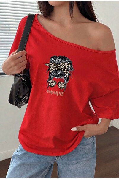 FUFLUNS Mom Life Printed Oversized Women's Boat Neck T-Shirt