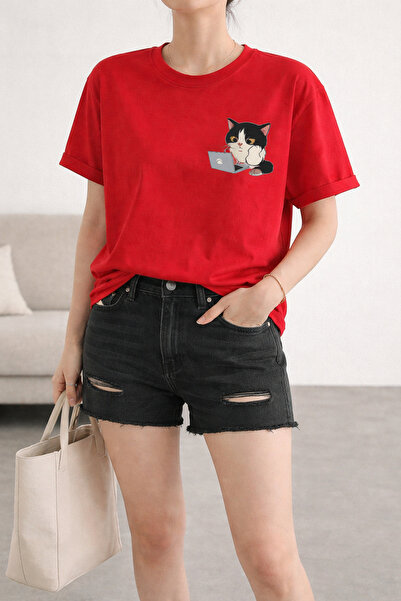 ArtYus Business Cat Printed Unisex Oversize T-Shirt with Laptop - Cotton Crew...