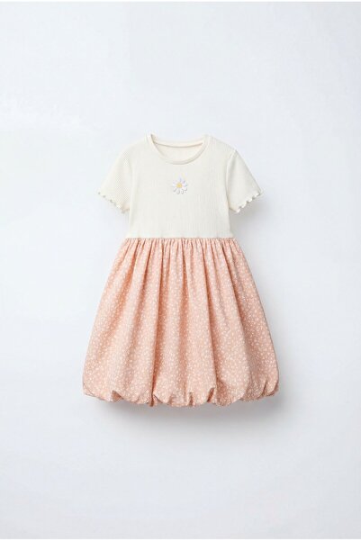 Magu Κοριτσίστικο βαμβακερό εκρού φόρεμα με ροζ μαργαρίτες - Φούστα μπαλόνι μ...