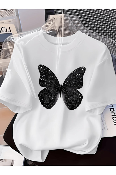 one button Μαύρο γυαλιστερό μπλουζάκι με στάμπα πεταλούδας, Premium Oversize