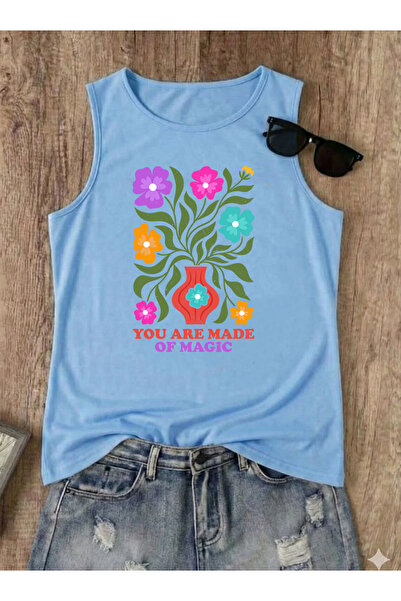 SUNFREE Tricou de vară pentru femei, fără mâneci, cu imprimeu FLOWER, cu deco...