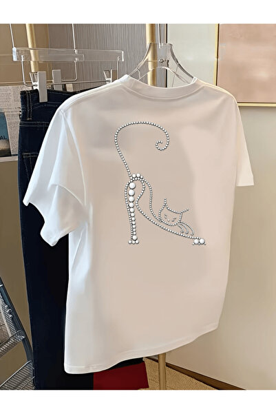 one button Ελαστικό μπλουζάκι με λαμπερή στάμπα, χαριτωμένο σχέδιο γάτας στην...