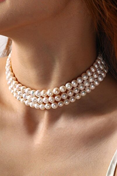 cicekartstudio Üç Sıralı Beyaz İnci Choker Kolye Gold Çelik Aparat