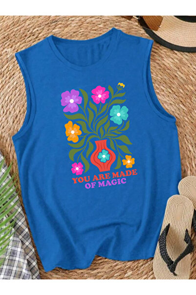 SUNFREE Γυναικείο καλοκαιρινό αμάνικο μπλουζάκι με στάμπα FLOWER και τιράντες