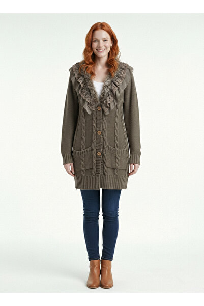Neden Tekstil Women's Knitwear Buttoned Cardigan - Ruffled Fur Collar