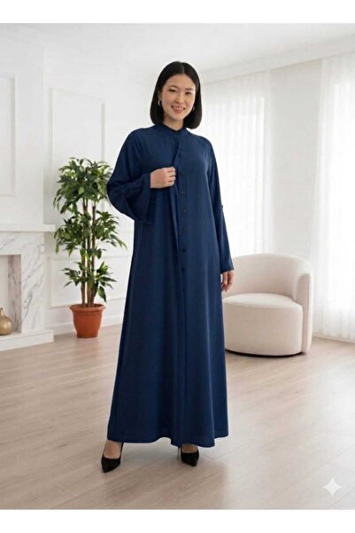 MYMİSİY Dark Blue Crepe Special Design Hidden Buttoned Ferace Reglan Sleeves